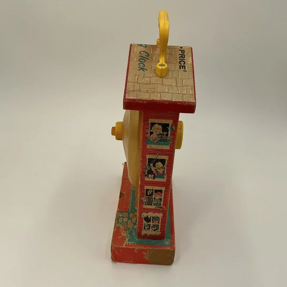 Vintage Fisher Price Music Box Teaching Clock Wood Wind Up Toy 1964 USA Works